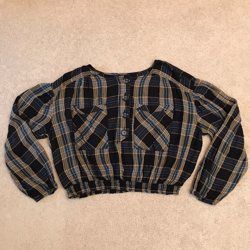 Free People Plaid Crop Top Size L Black Blue Tan Boho Prairie Country Girl Fall